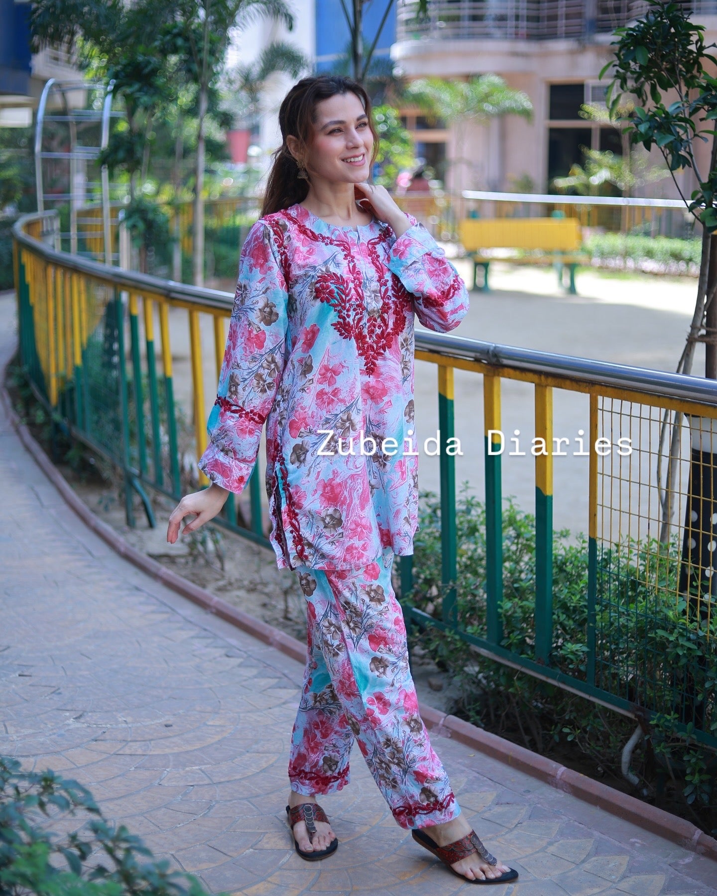 Printed Co-ord Set ~ Dark Pink Embroidery