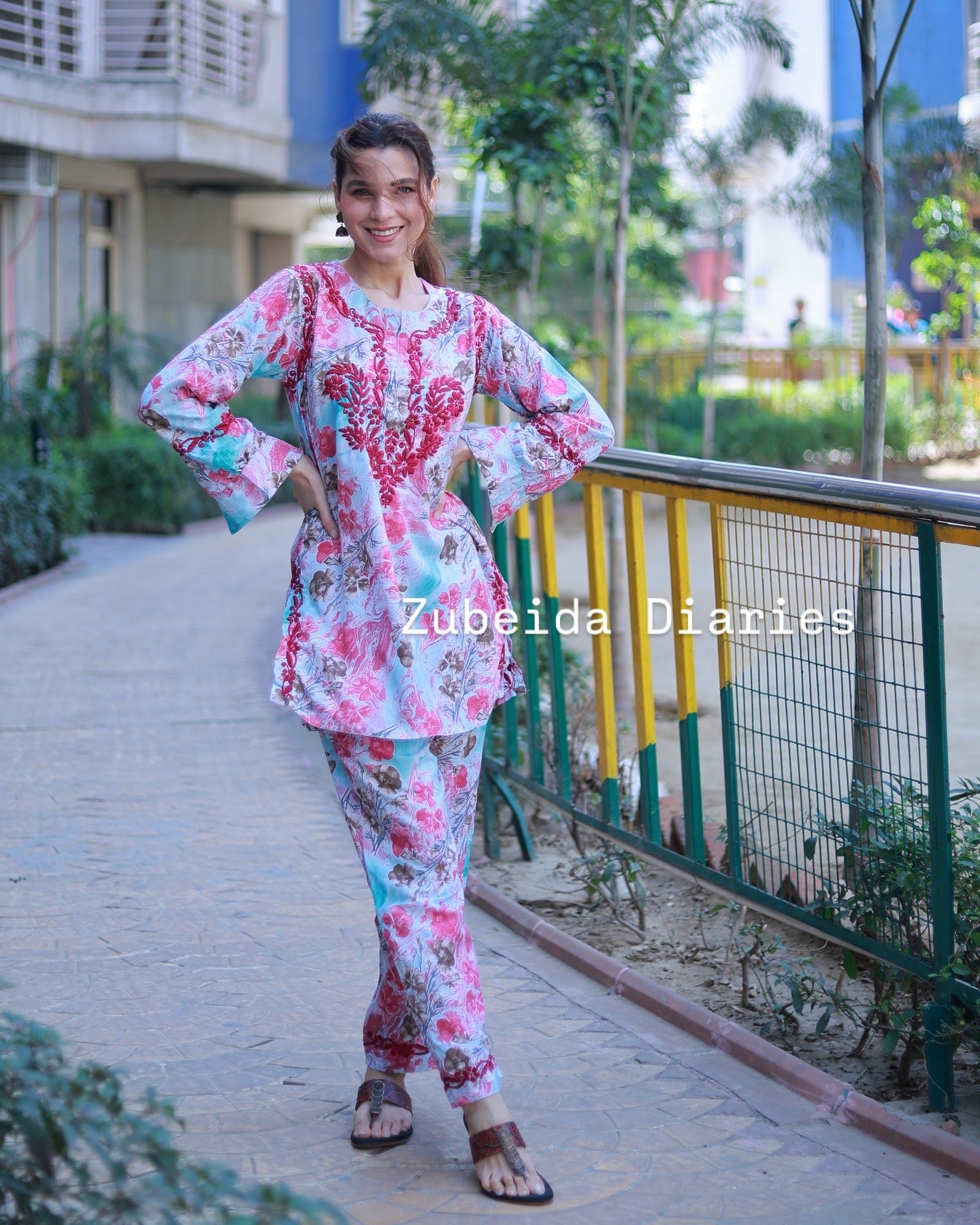 Printed Co-ord Set ~ Dark Pink Embroidery
