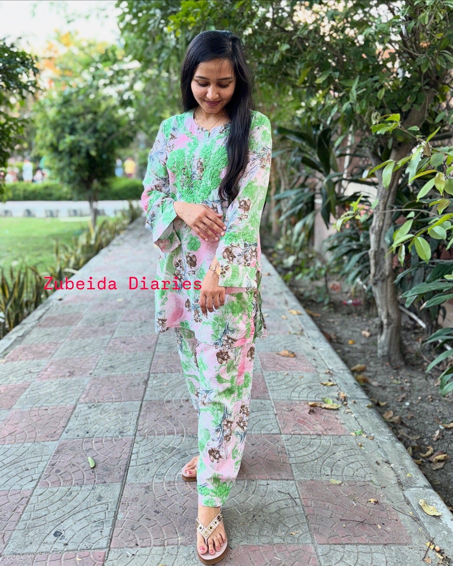 Printed Co-ord Set ~ Green Embroidery