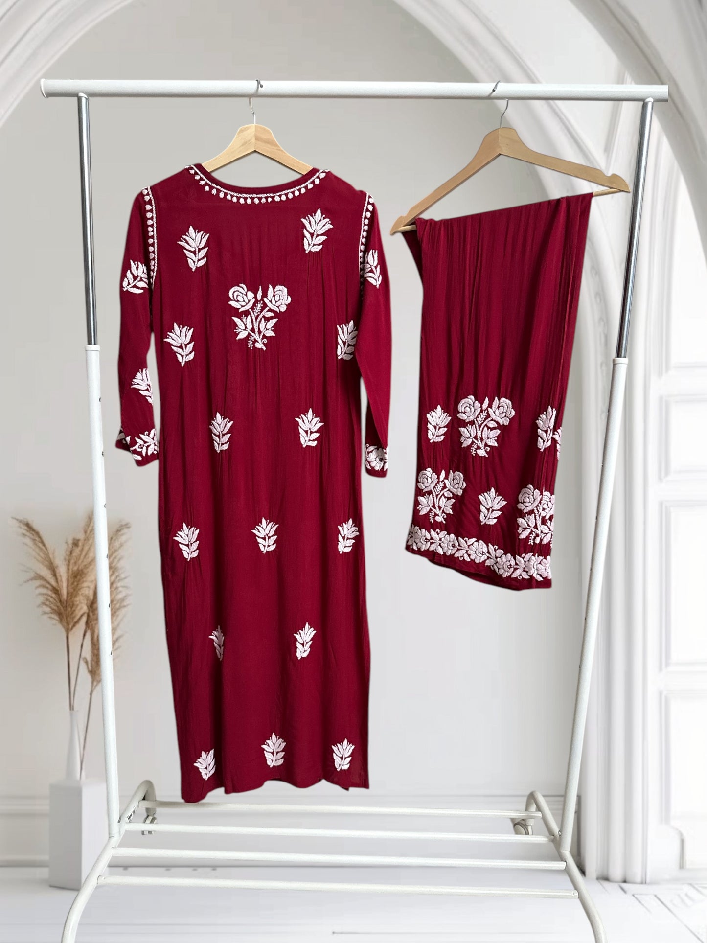 Maroon- Hand embroidered modal set