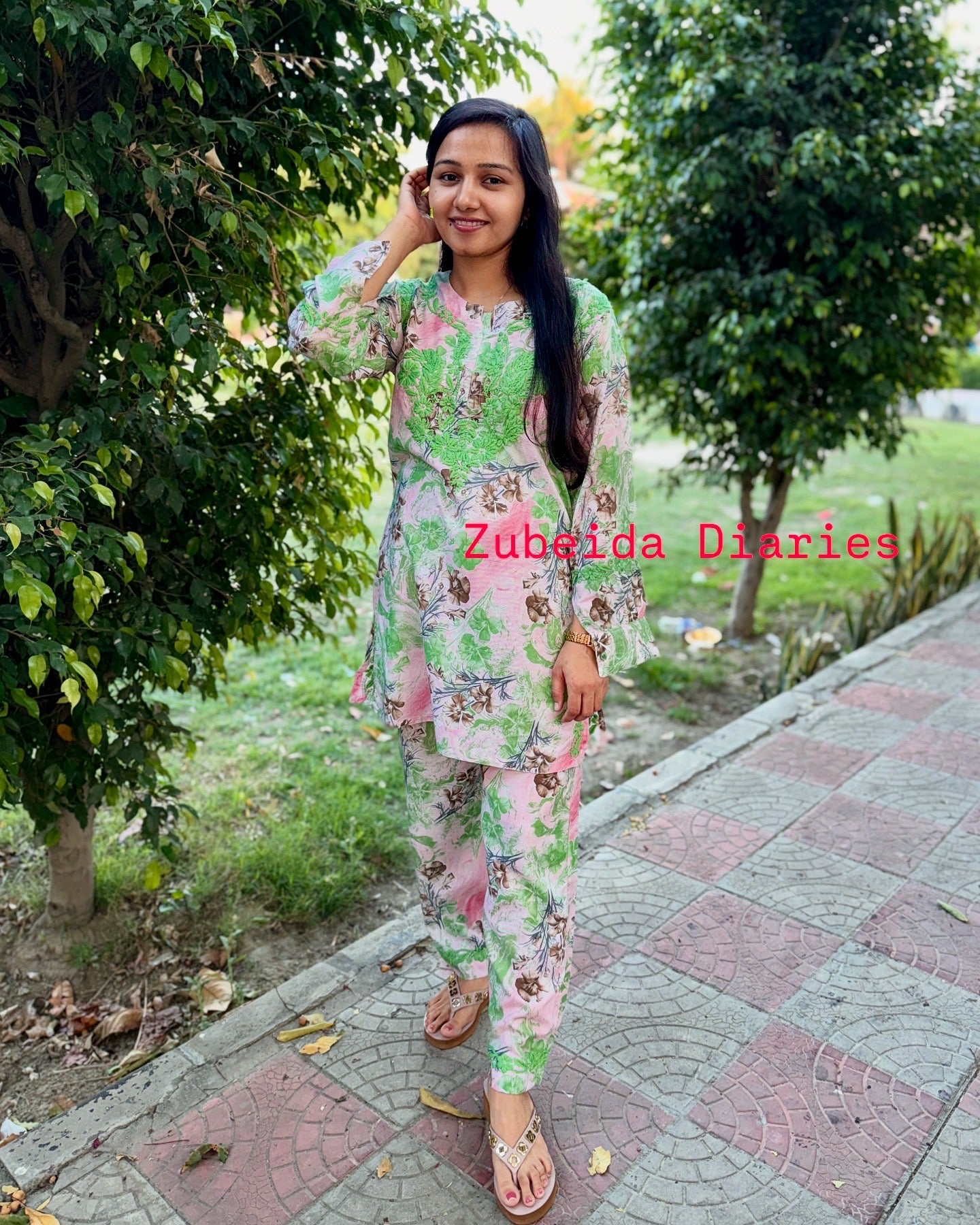 Printed Co-ord Set ~ Green Embroidery