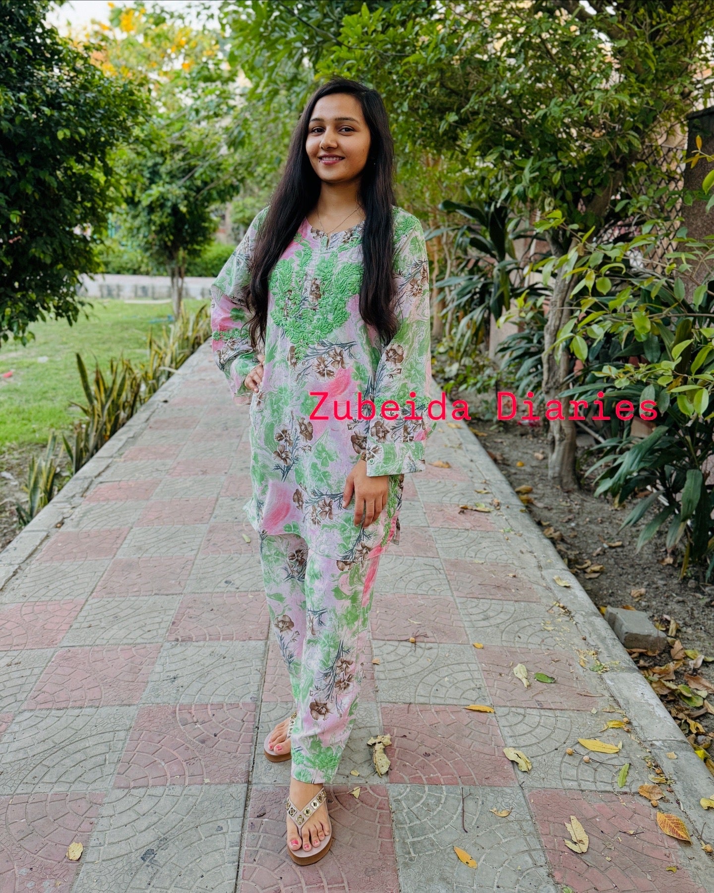 Printed Co-ord Set ~ Green Embroidery