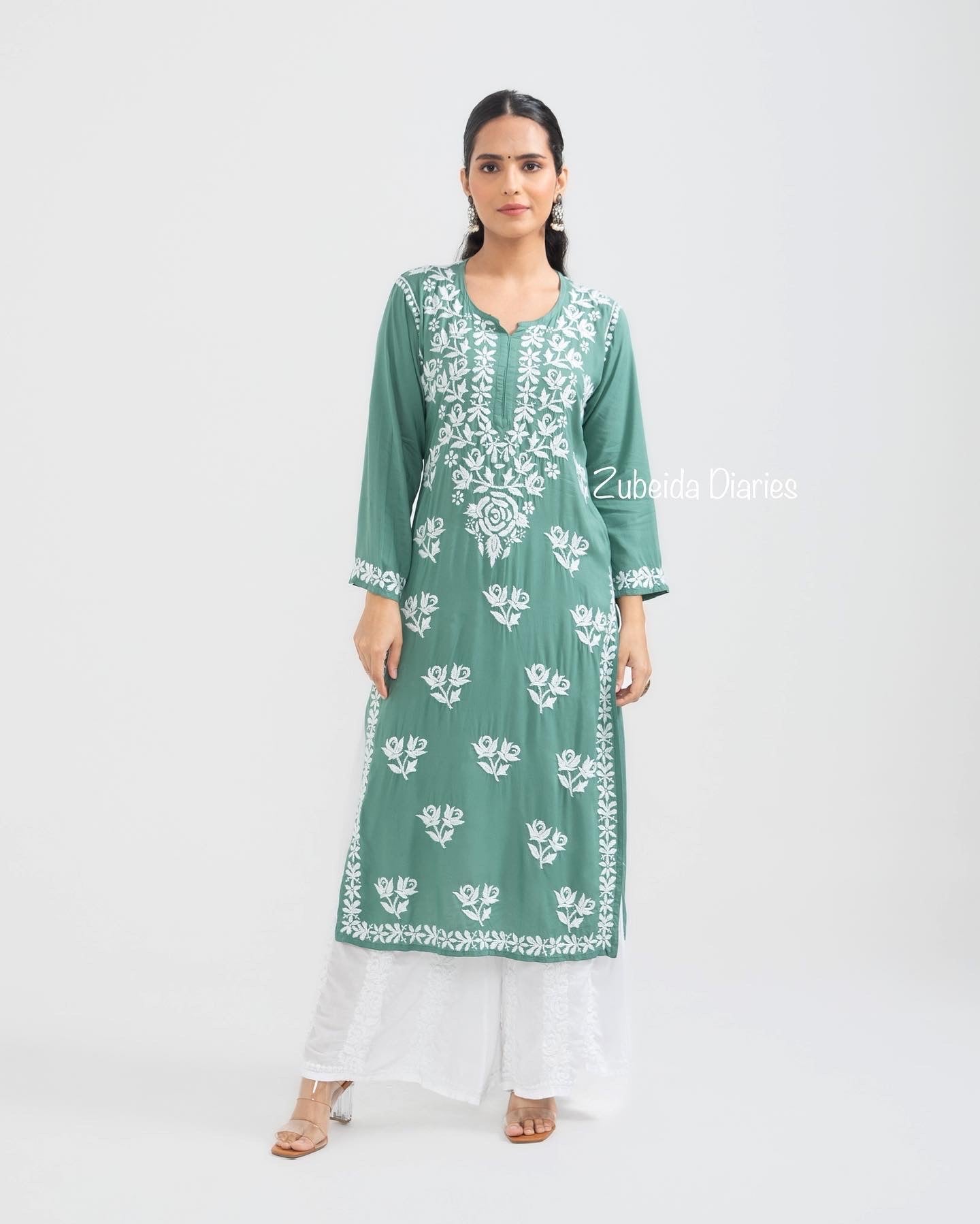 Nazakat Rose Modal Kurta in Sage Green