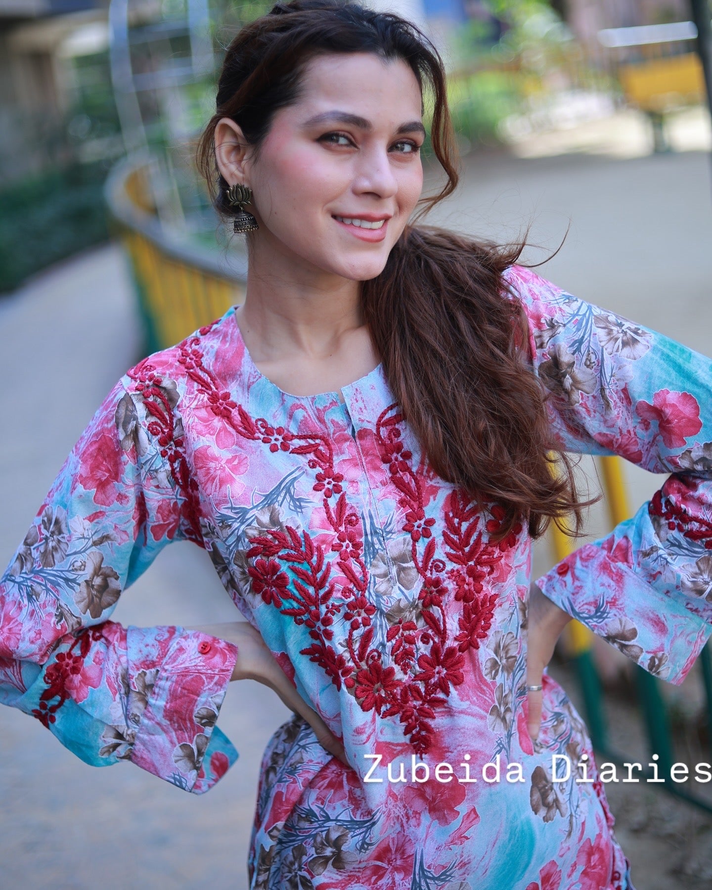 Printed Co-ord Set ~ Dark Pink Embroidery