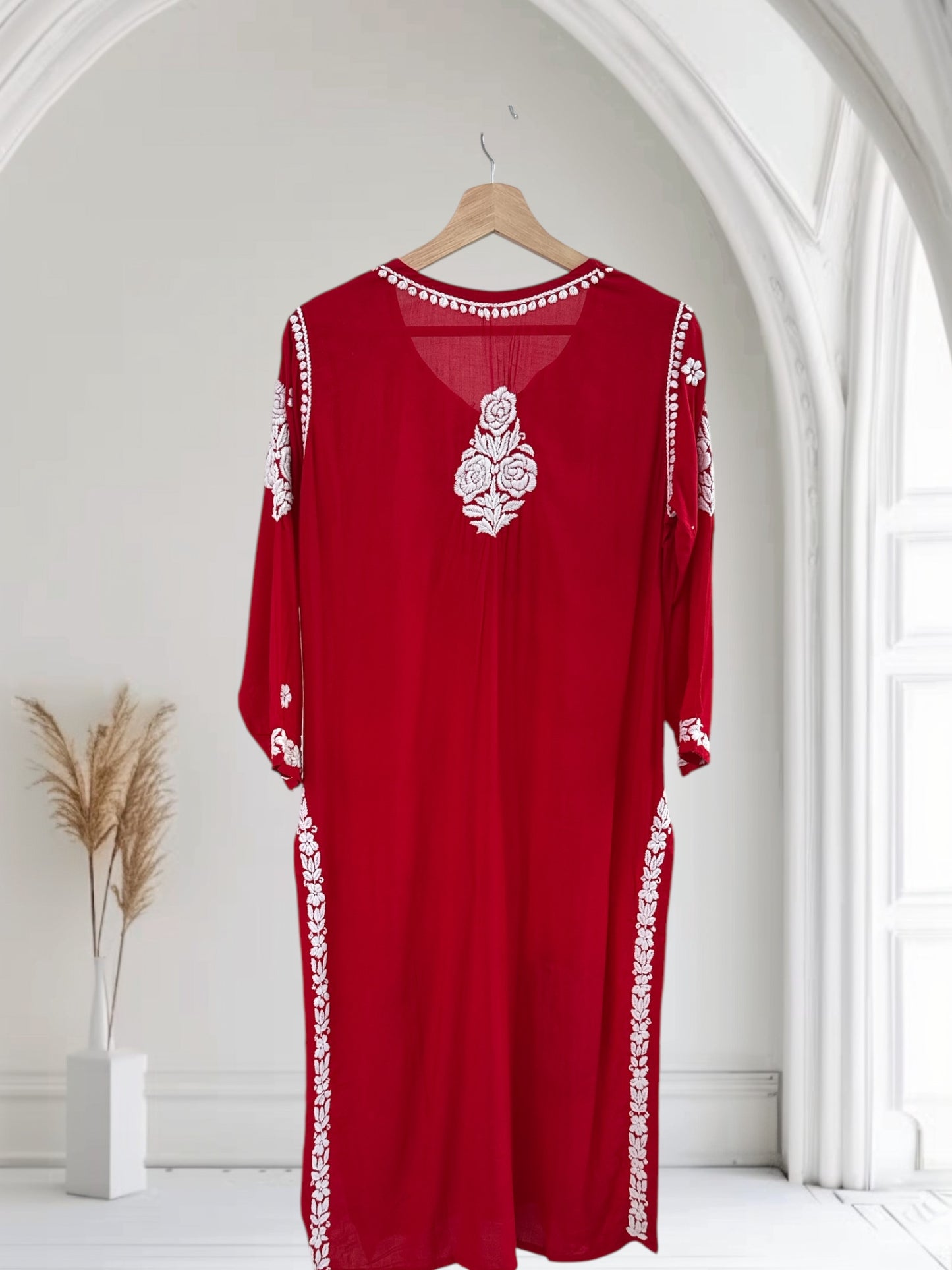 Red Hand embroidered Modal Kurta