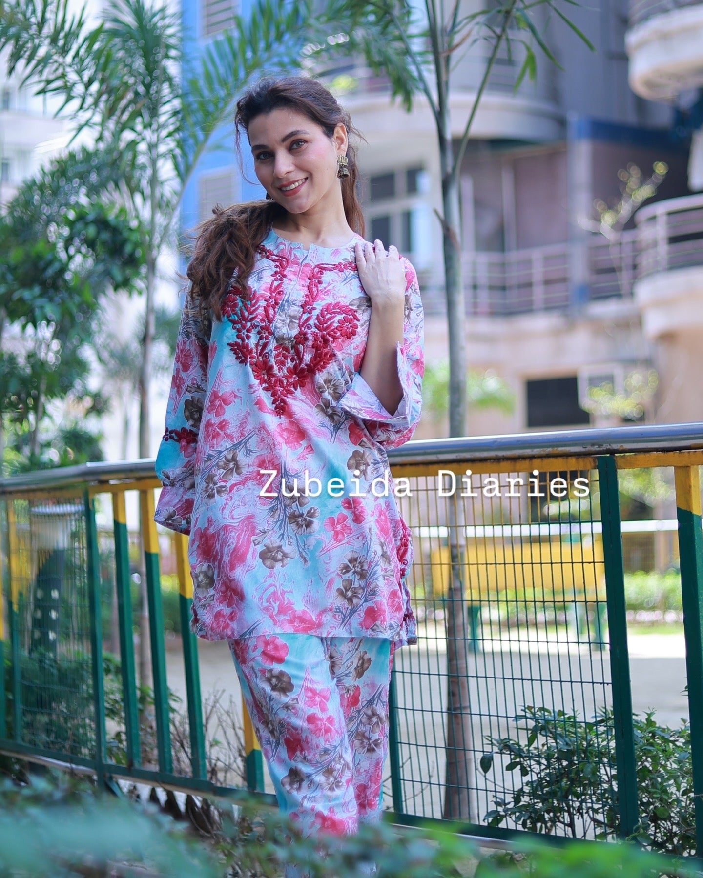 Printed Co-ord Set ~ Dark Pink Embroidery