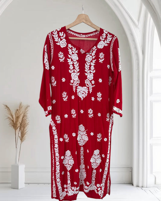 Red Hand embroidered Modal Kurta