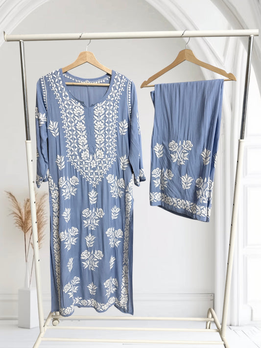 Powder blue- Hand embroidered modal set