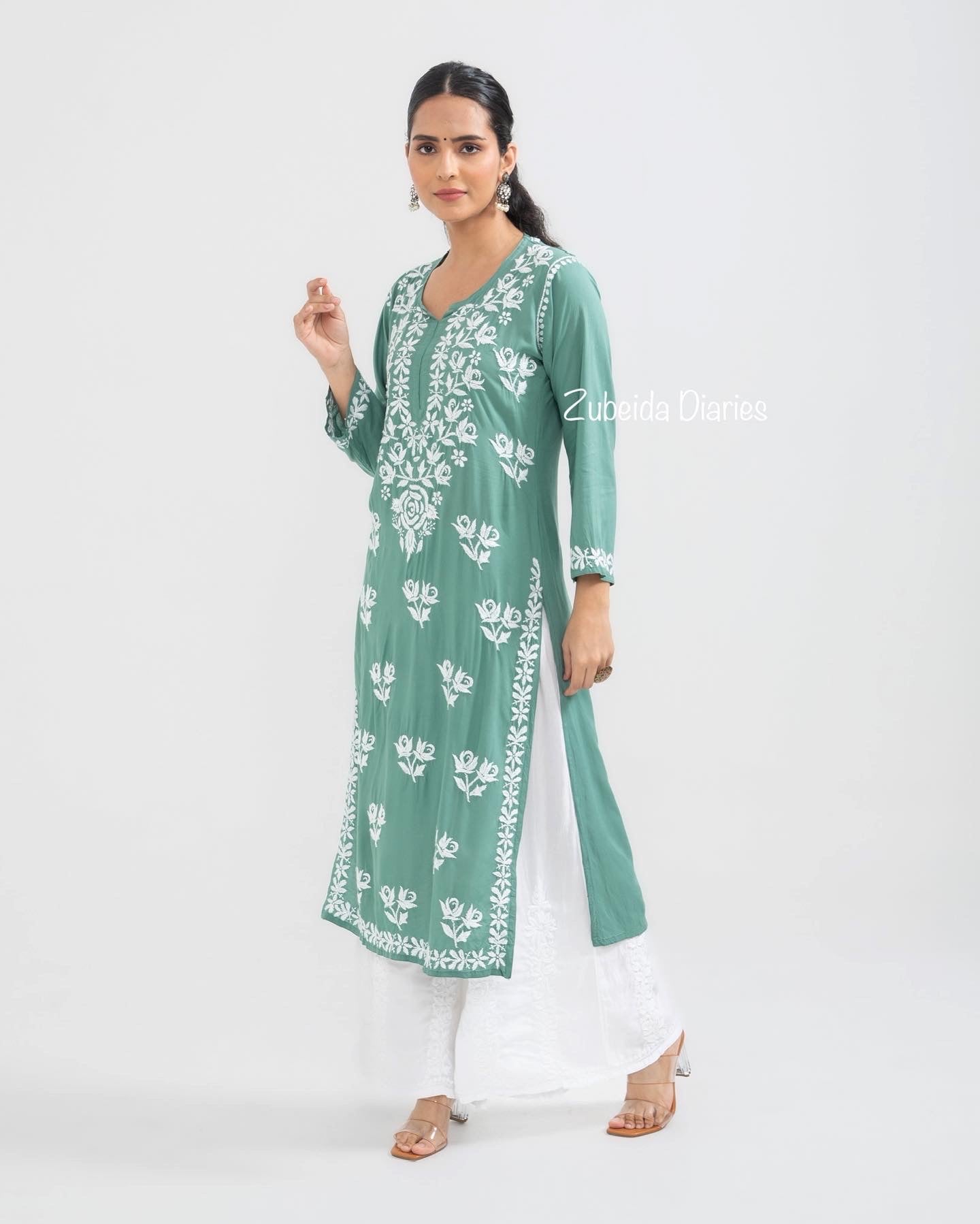 Nazakat Rose Modal Kurta in Sage Green