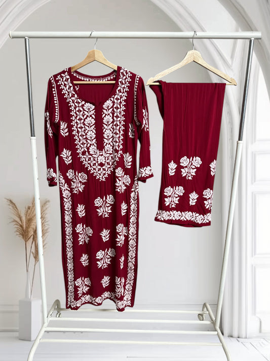 Maroon- Hand embroidered modal set