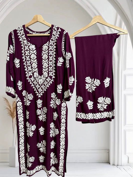 Wine- Hand embroidered modal set