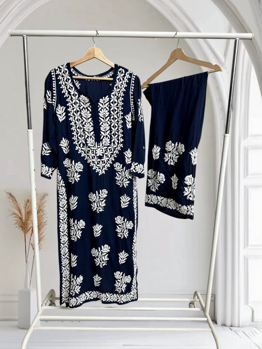 Navy Blue- Hand embroidered modal set