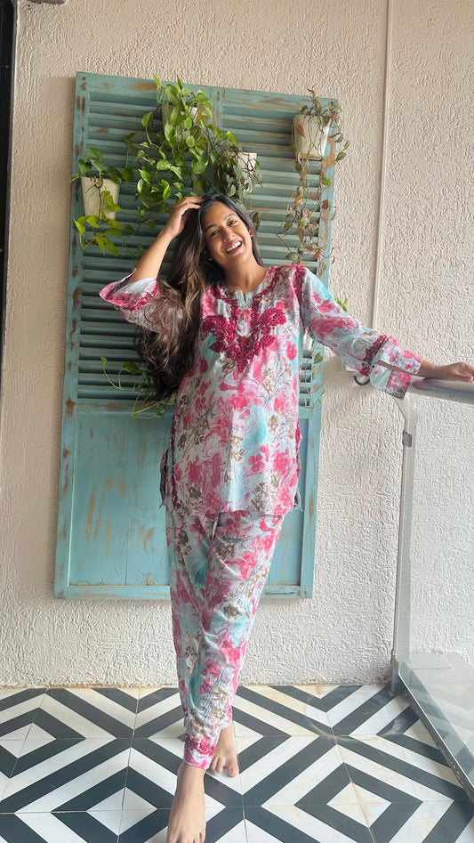 Printed Co-ord Set ~ Dark Pink Embroidery
