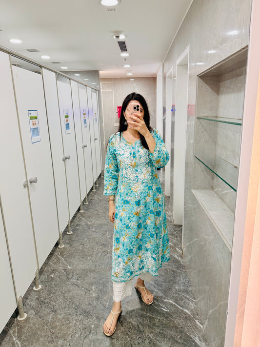 Ameyaa~Sea green Mulmul Cotton Kurta