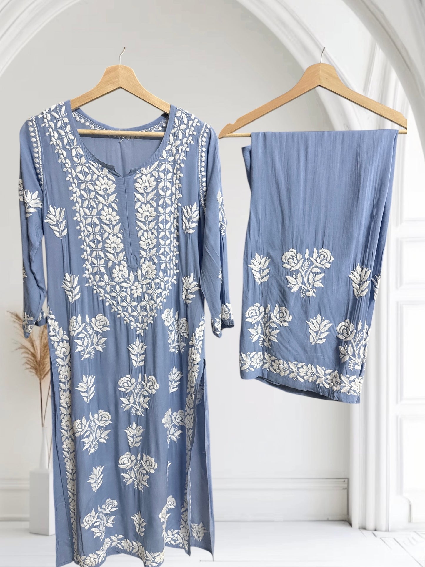 Powder blue- Hand embroidered modal set